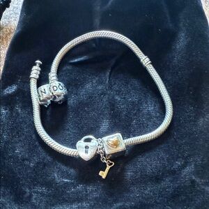 Pandora Heart Lock and Gold Key & I Love You Gold Charm